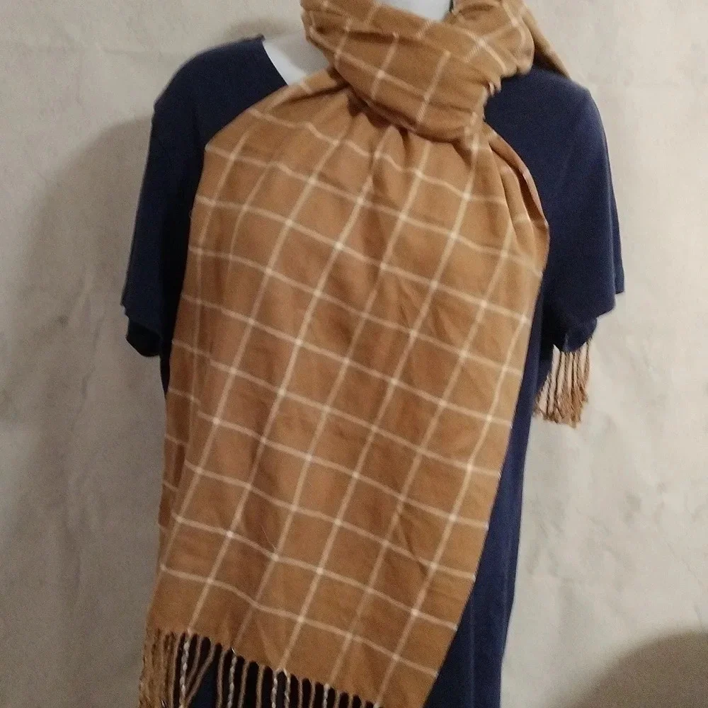 Lands End Unisex Rectangle Oblong Tassel Multifunctional Scarf Khaki Tan White